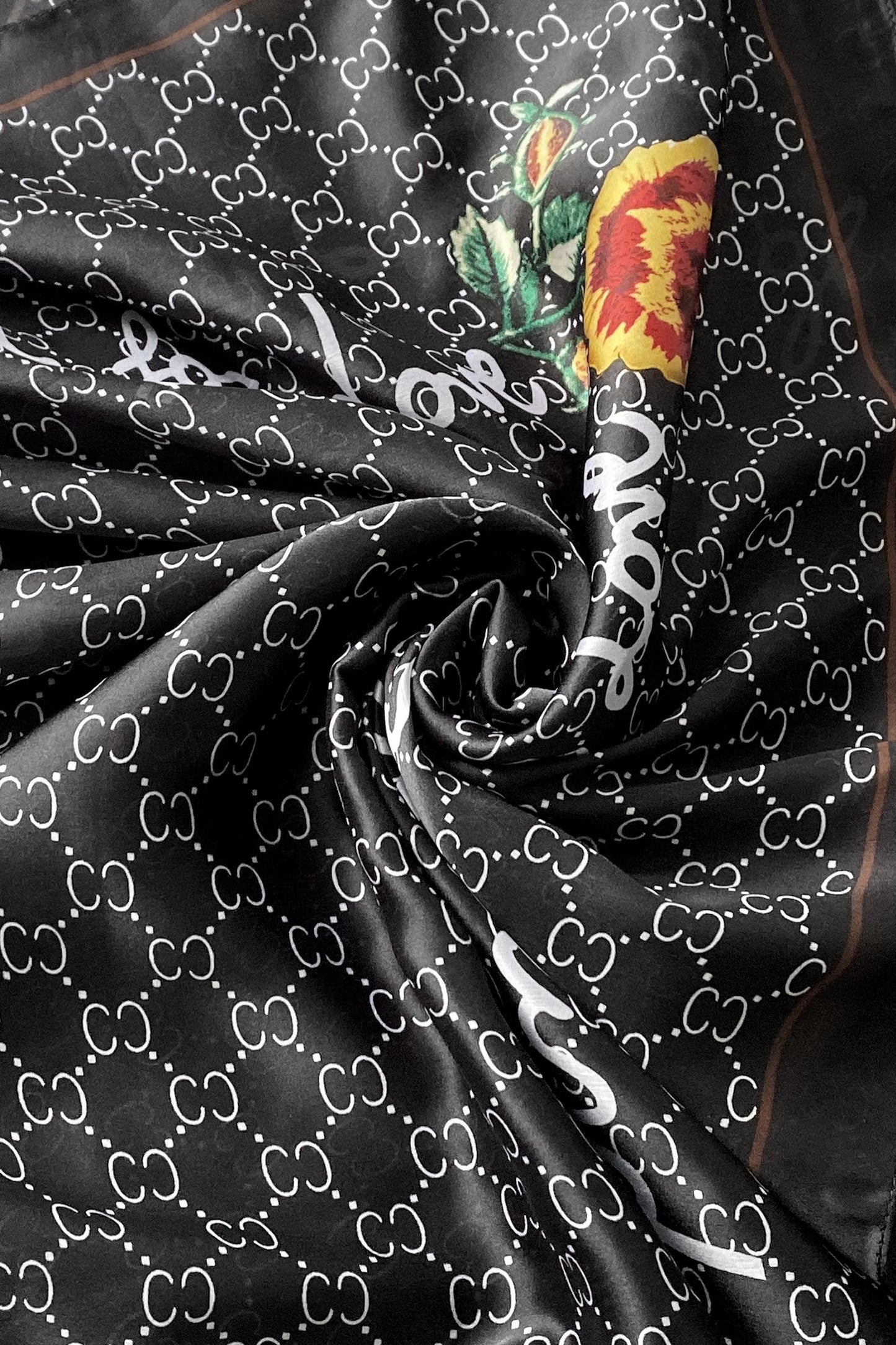 Silk Scarf-Shawl, 90 cm x 180 cm, Diamond Pearl With Fancy Text Border, Black