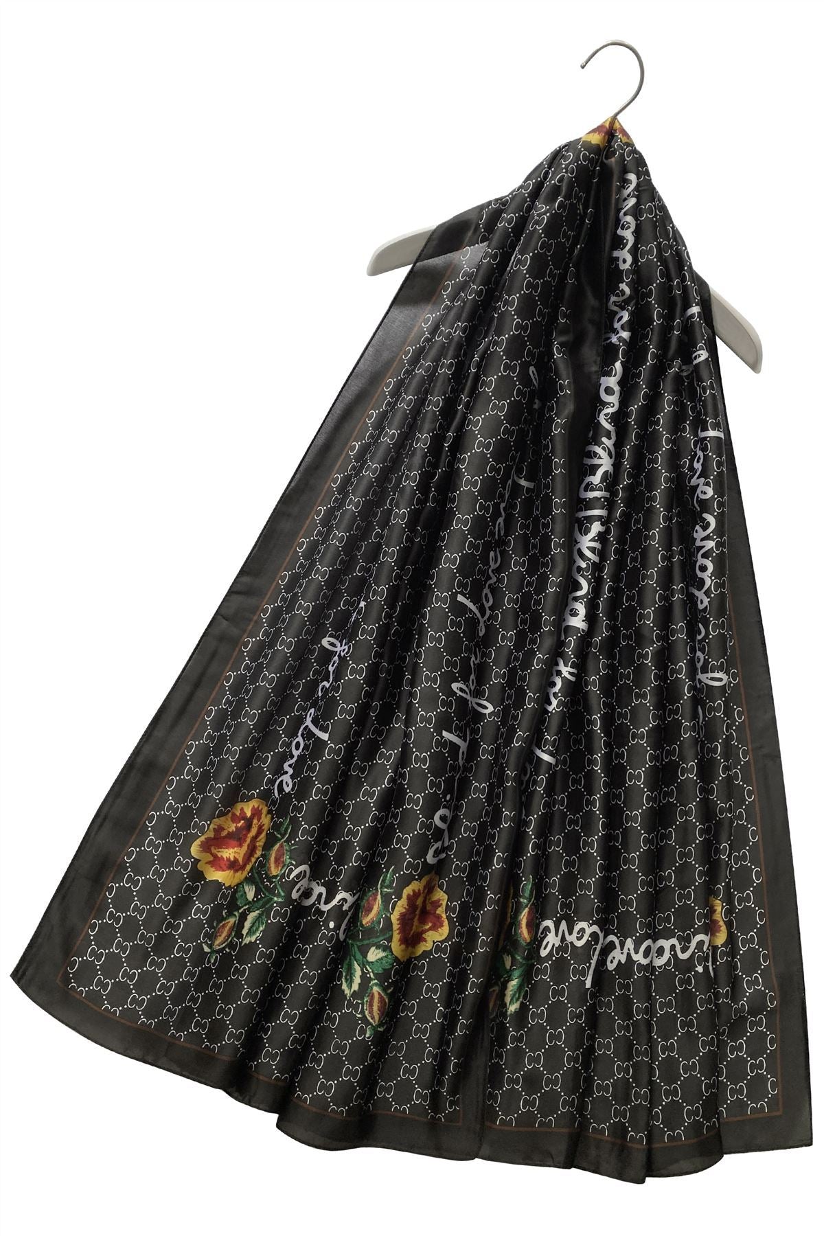 Silk Scarf-Shawl, 90 cm x 180 cm, Diamond Pearl With Fancy Text Border, Black 1 