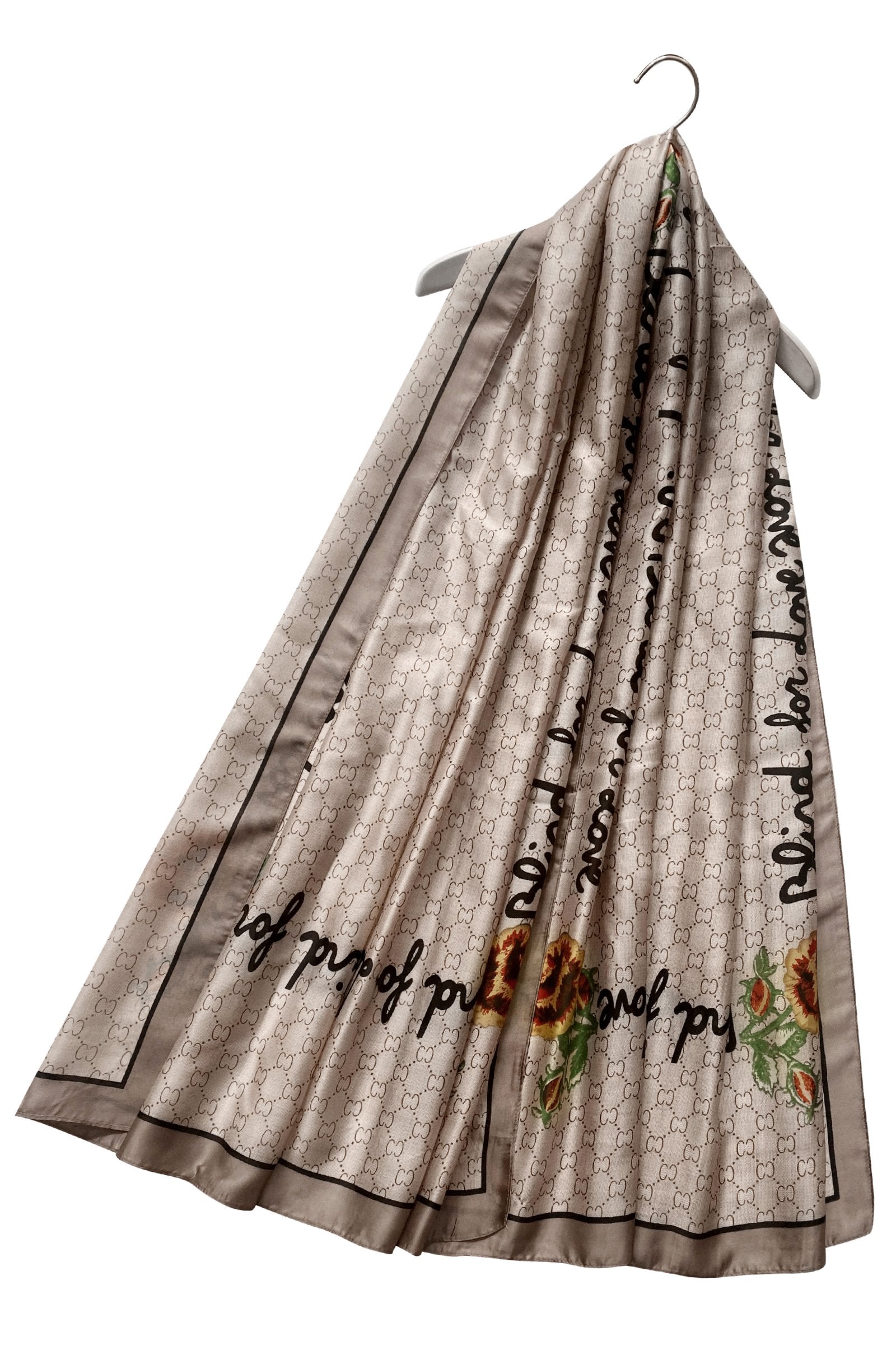 Silk Scarf-Shawl, 90 cm x 180 cm, Diamond Pearl  With Fancy Text Border, Beige 1 