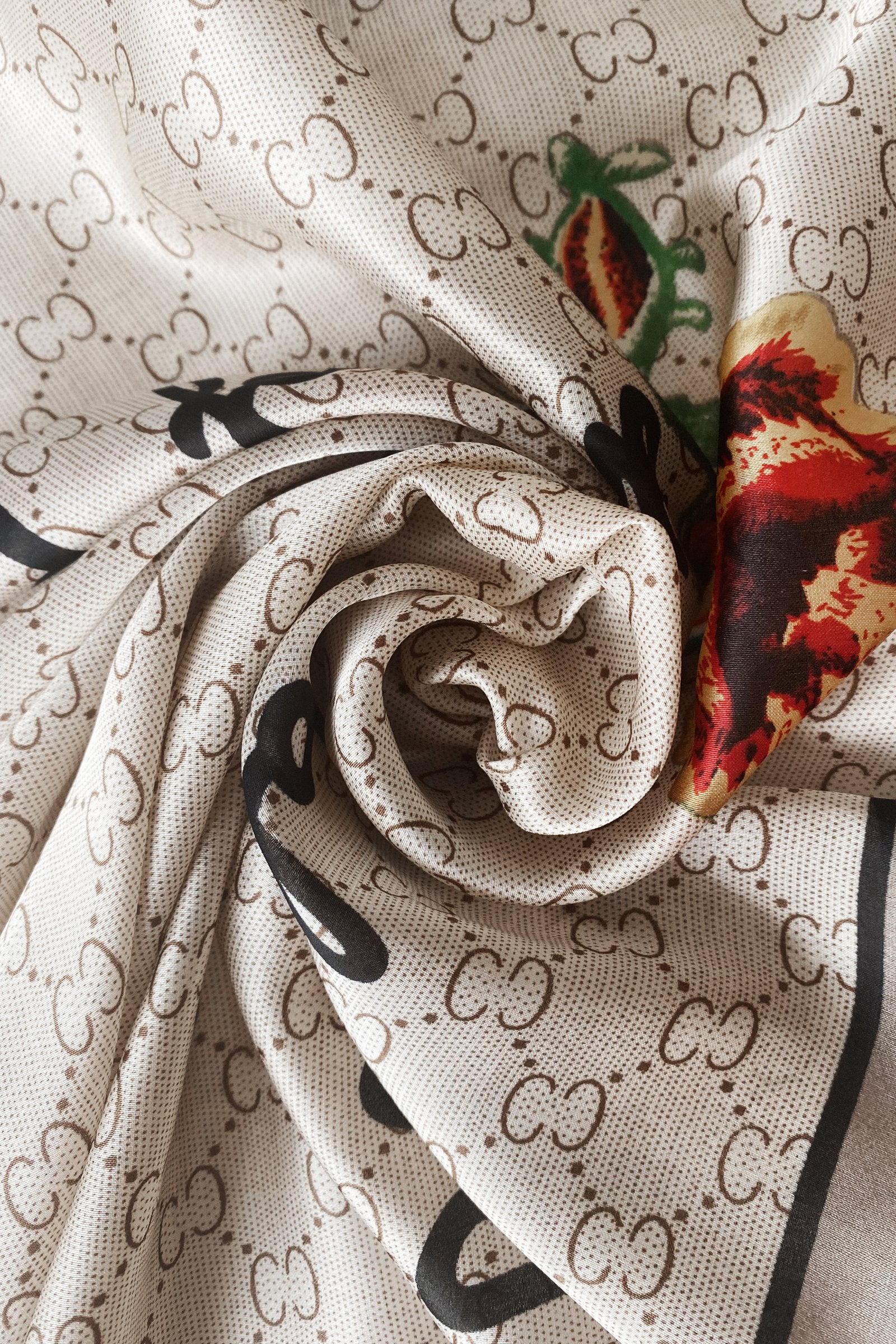 Silk Scarf-Shawl, 90 cm x 180 cm, Diamond Pearl  With Fancy Text Border, Beige 2 