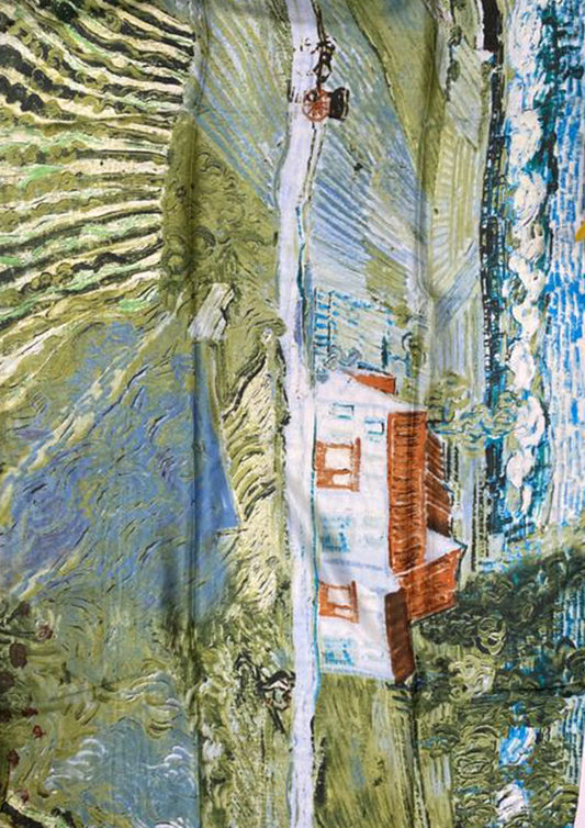 100% Real Silk Scarf-Shawl, 90 cm x 180 cm, Painted Farmhouse Scene Patterned, Green