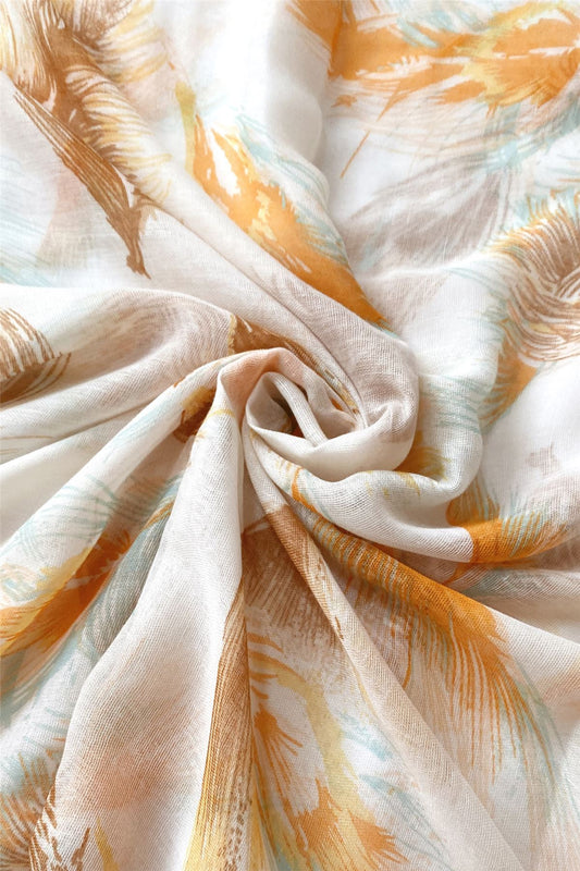 Floaty Feather Patterned White Scarf-Shawl, 90 cm x 180 cm