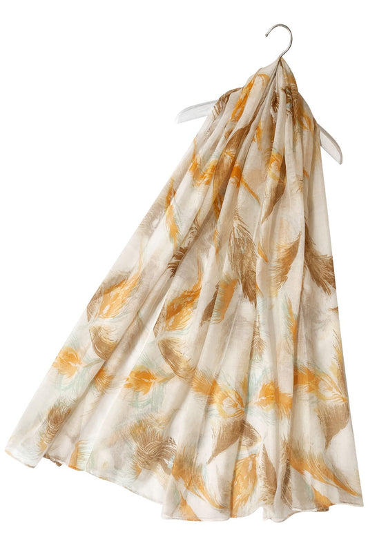 Floaty Feather Patterned White Scarf-Shawl, 90 cm x 180 cm