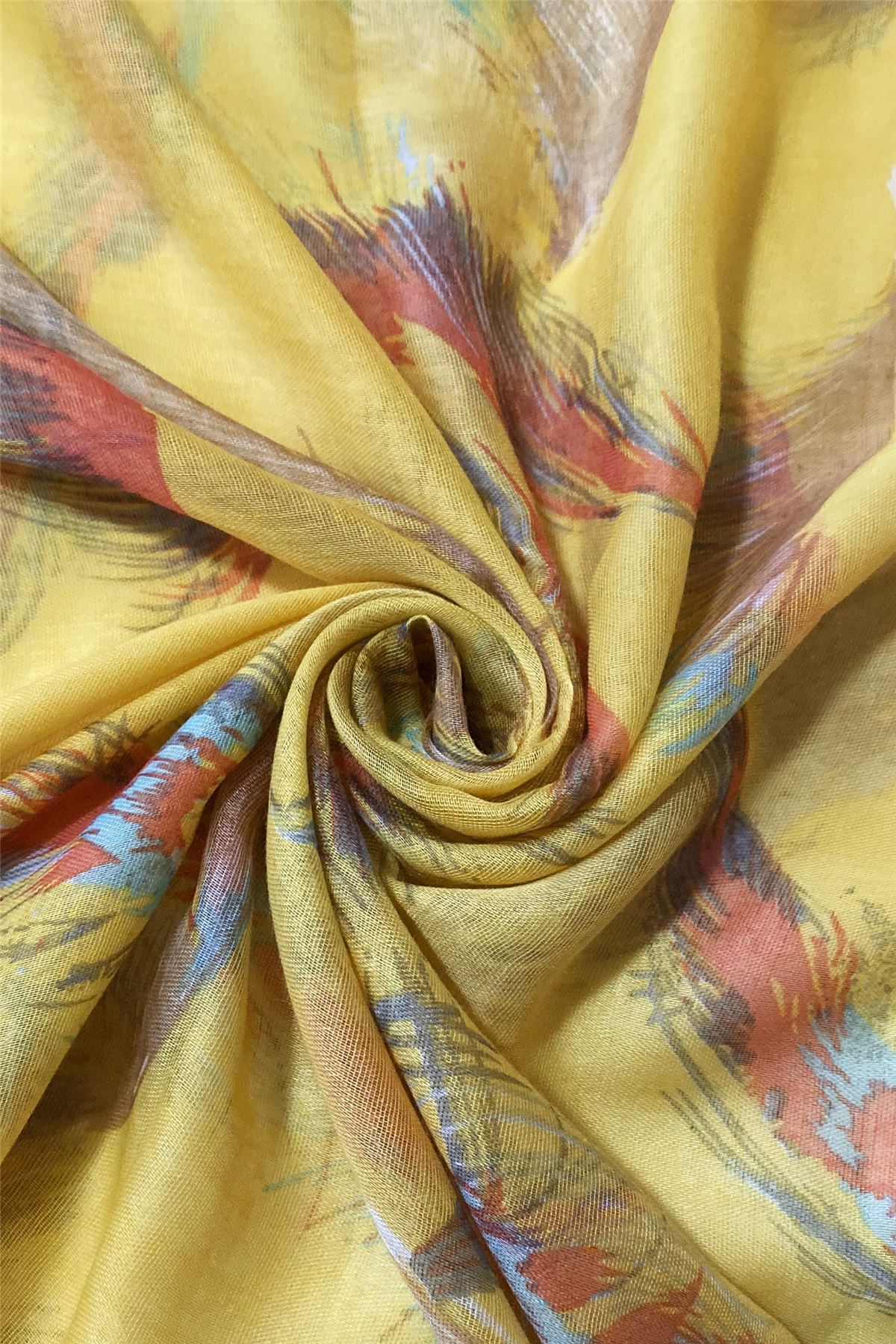 Floaty Feather Patterned Yellow Scarf-Shawl, 90 cm x 180 cm 2 