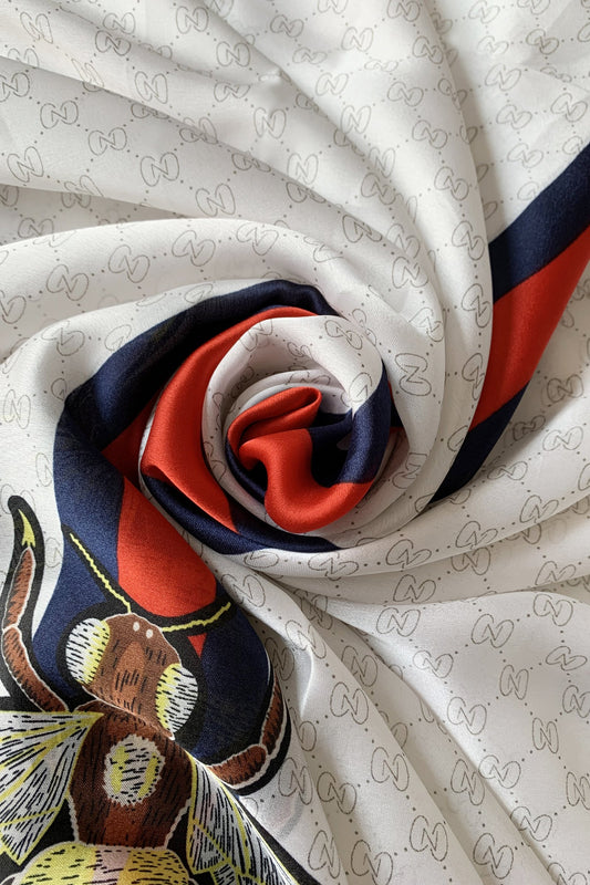 Silk Scarf-Shawl, 90 cm x 180 cm, Fashion Bee  with Border, Cream