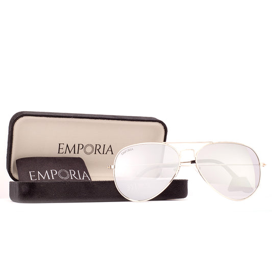 Emporia Italy - Pilot-Sonnenbrille "KRISTALL" polarisierte Sonnenbrille mit UV-FILTER mit Etui und Brillenputztuch, chromsilberfarbenes Glas, silberfarbiger Rahmen