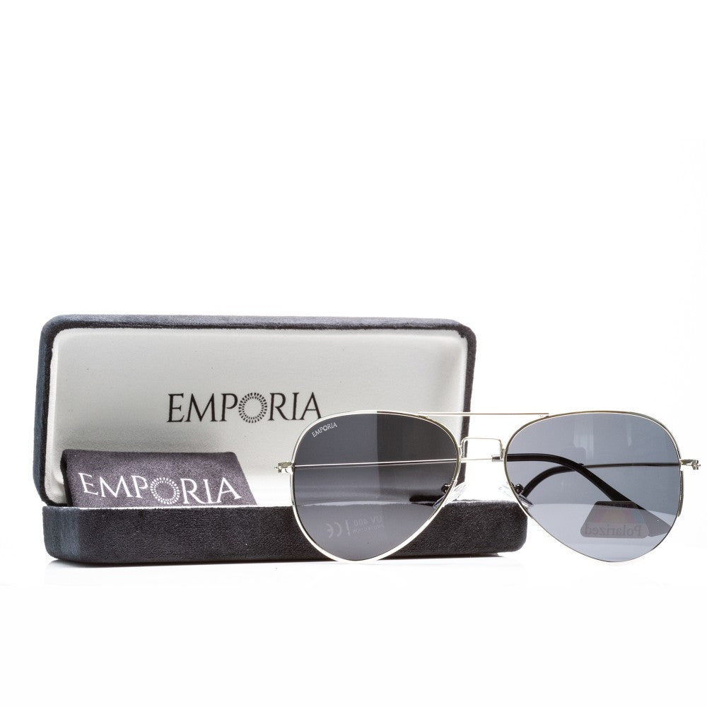 Emporia Italy - Pilot-Sonnenbrille "CHEF" polarisierte Sonnenbrille mit UV-FILTER mit Etui und Brillenputztuch, dunkelgraues Glas, silberfarbige Rahmen 1 