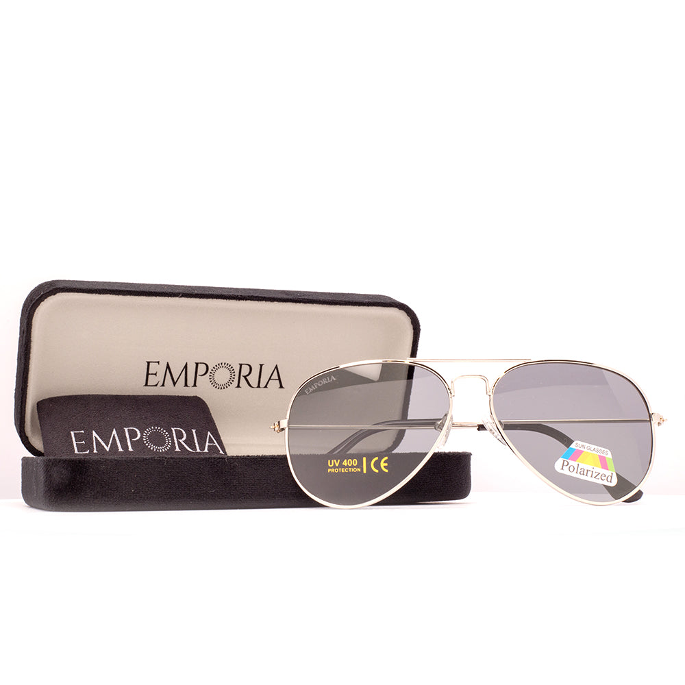 Emporia Italy - Pilot-Sonnenbrille "CHEF" polarisierte Sonnenbrille mit UV-FILTER mit Etui und Brillenputztuch, dunkelgraues Glas, silberfarbige Rahmen 1 