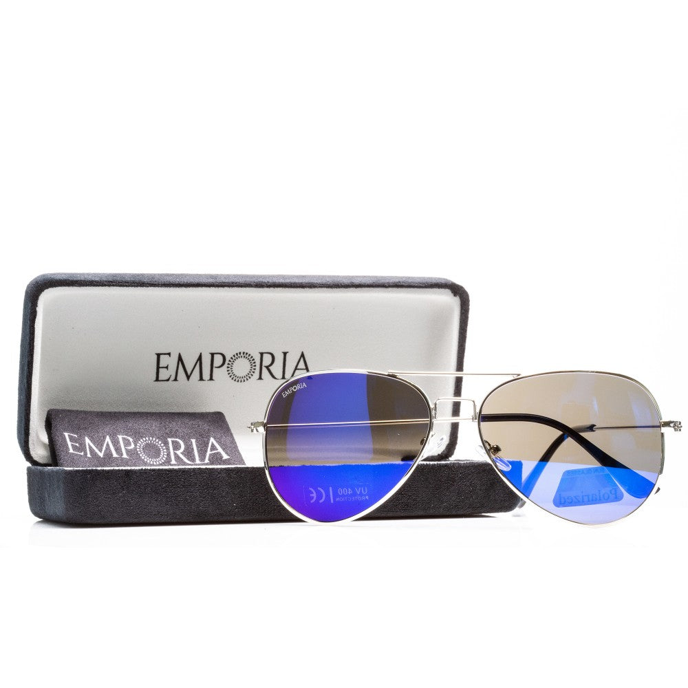 Emporia Italy - Pilot-Sonnenbrille "LAGUNE"  polarisierte Sonnenbrille mit UV-FILTER mit Etui und Brillenputztuch, blaulila Glas, silberfarbige Rahmen 1 