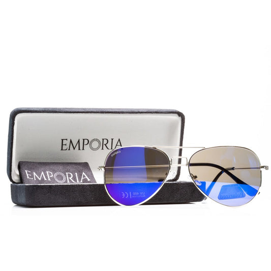 Emporia Italy - Pilot-Sonnenbrille "LAGUNE"  polarisierte Sonnenbrille mit UV-FILTER mit Etui und Brillenputztuch, blaulila Glas, silberfarbige Rahmen