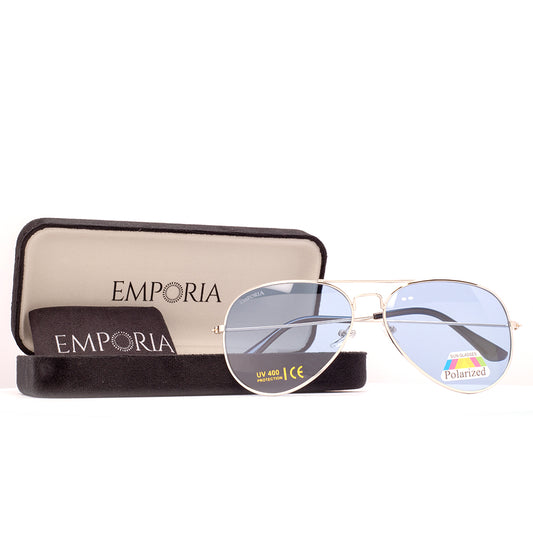 Emporia Italy - Pilot-Sonnenbrille "EIS" polarisierte Sonnenbrille mit UV-FILTER mit Etui und Brillenputztuch, chromsilberfarbenes Glas, silberfarbiger Rahmen