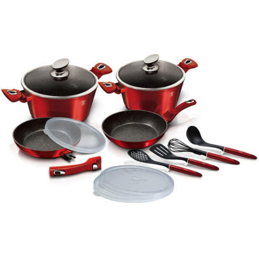 Berlinger Haus Geschirrset 13-teilig mit abnehmbarem Griff, Metallic Line Burgundy Edition