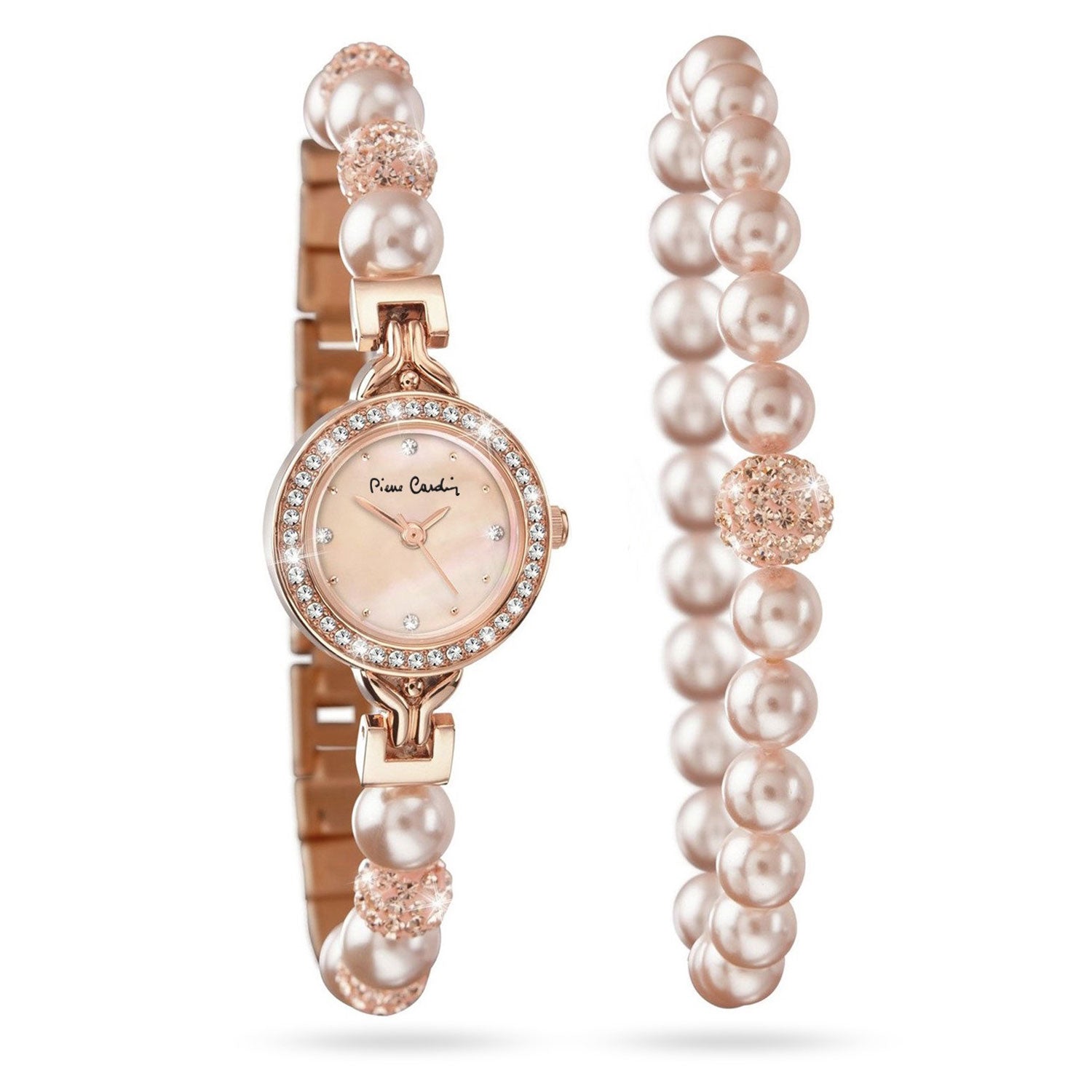 Vergoldetes Set mit Feueremaille und weißem Emporia® Kristall (Uhr + Armband) 5 