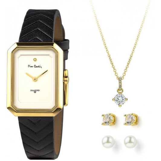 4-teiliges Pierre Cardin Armbanduhr-Geschenkset mit einer Halskette und 2 paar Ohrringen