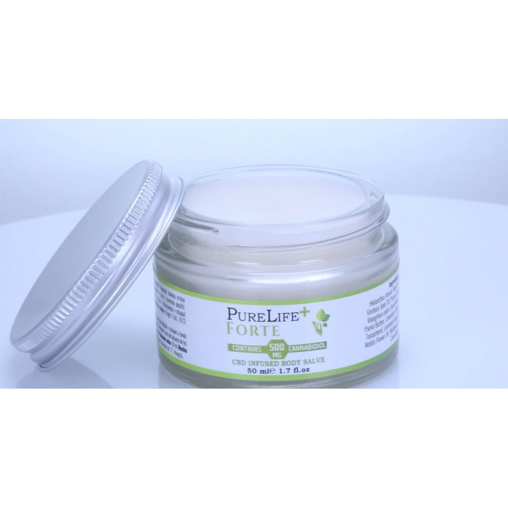 Pure Life+ FORTE, CBD Infused body salve, 50ml cream with 500mg CBD and other soothing ingredients for irritated skin