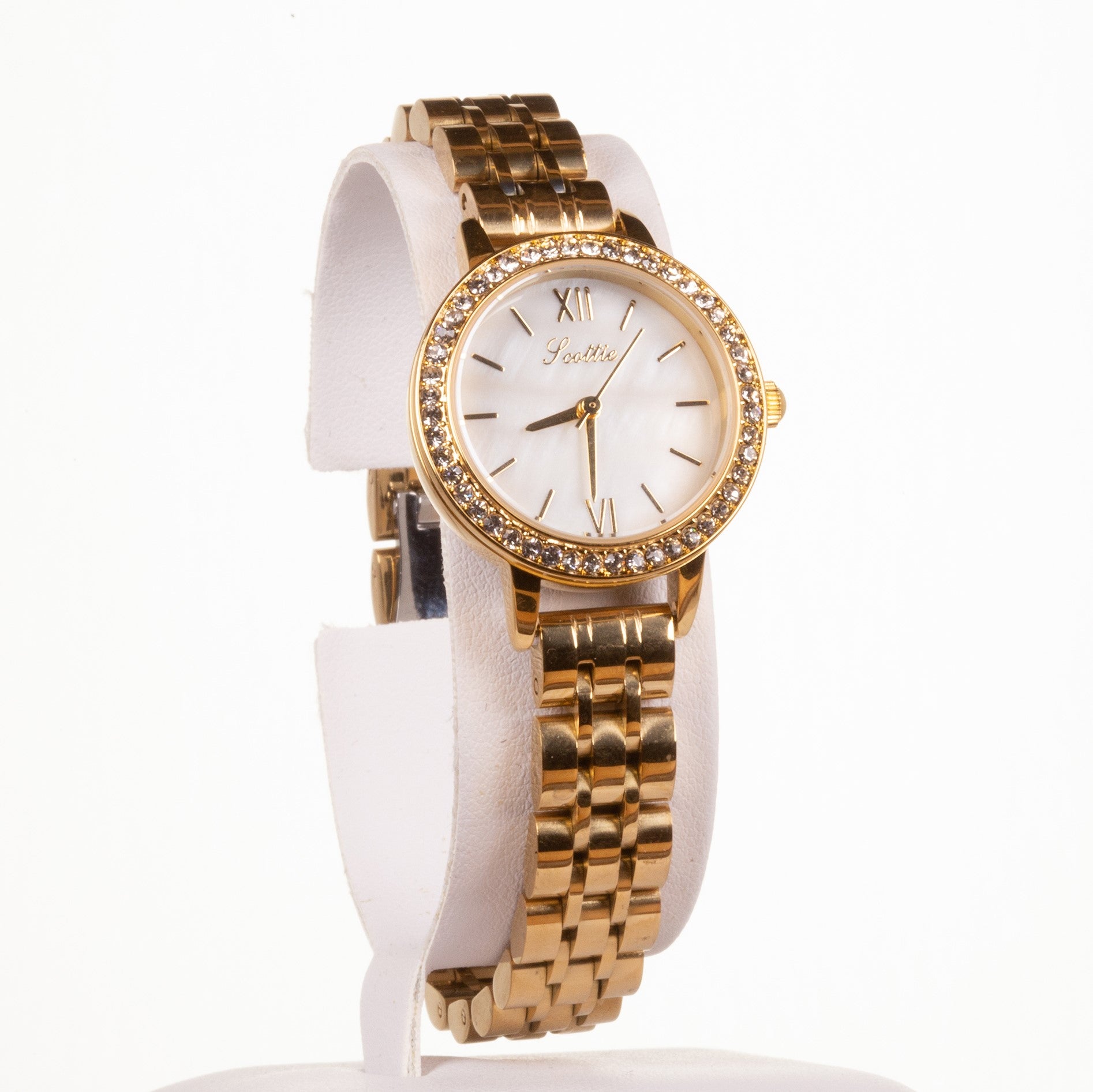 Luxury alloy watch with stones, japanese miyota movement, WHITE colour dial + GOLD PLATED, with gift box, 18 cm 1 