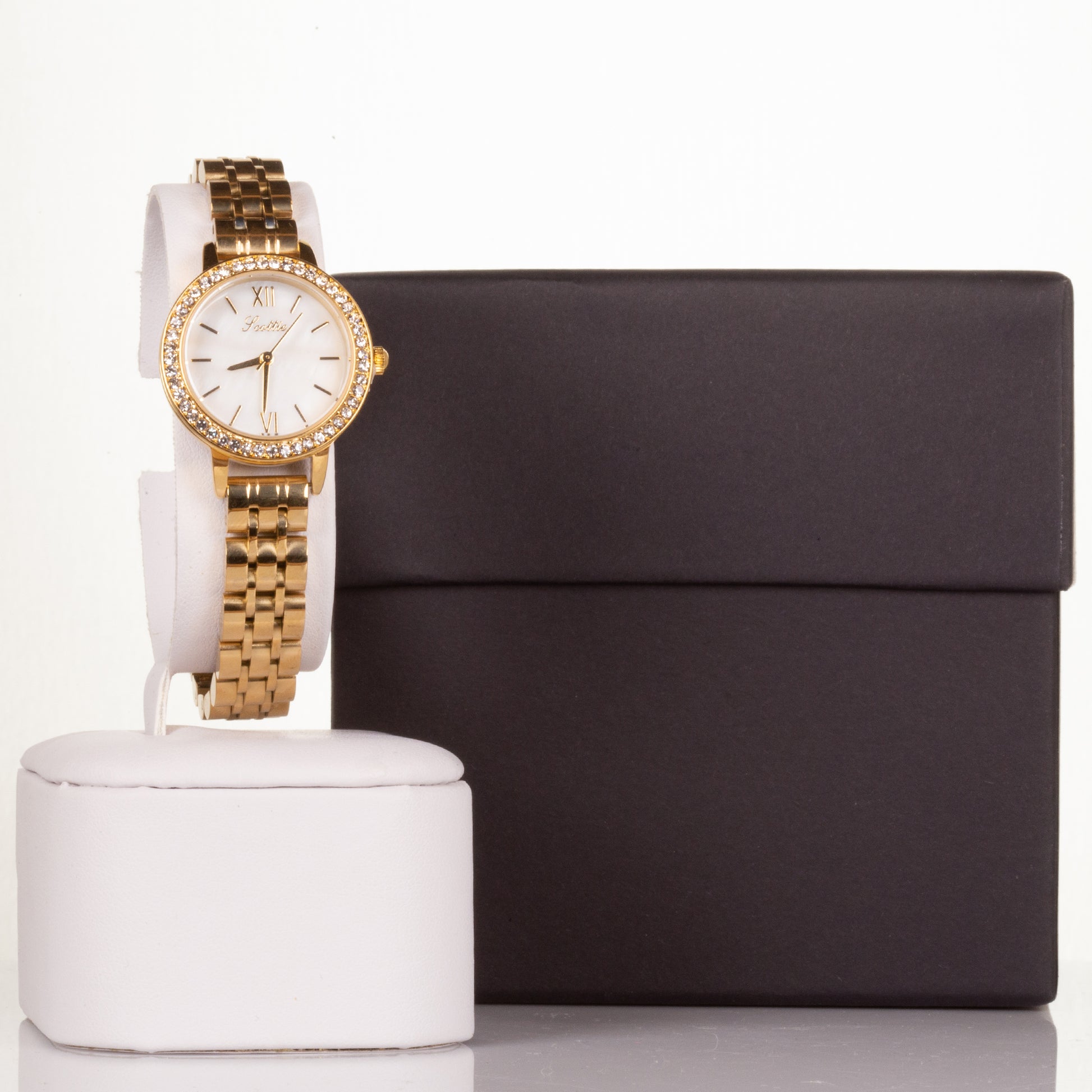 Luxury alloy watch with stones, japanese miyota movement, WHITE colour dial + GOLD PLATED, with gift box, 18 cm 2 