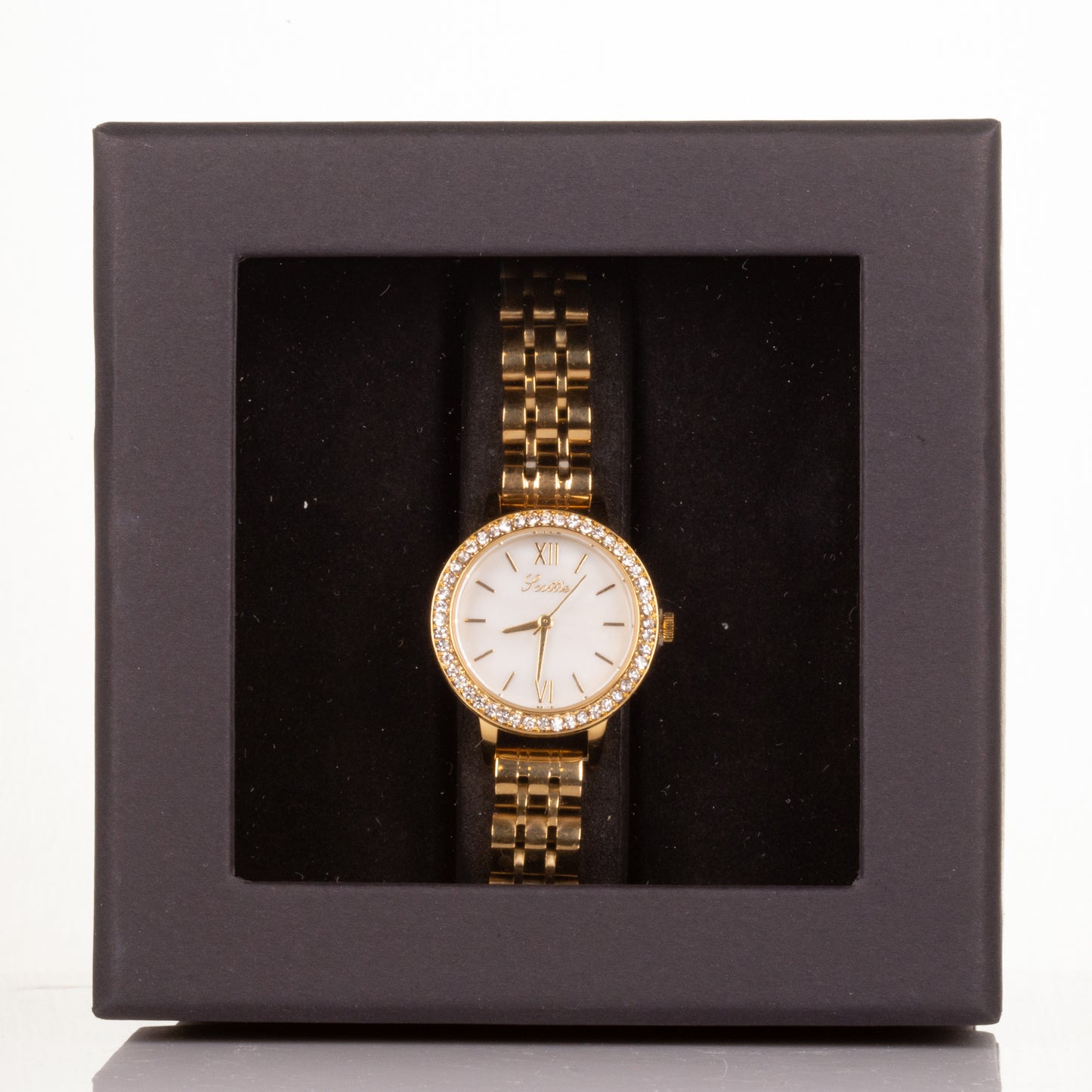 Luxury alloy watch with stones, japanese miyota movement, WHITE colour dial + GOLD PLATED, with gift box, 18 cm