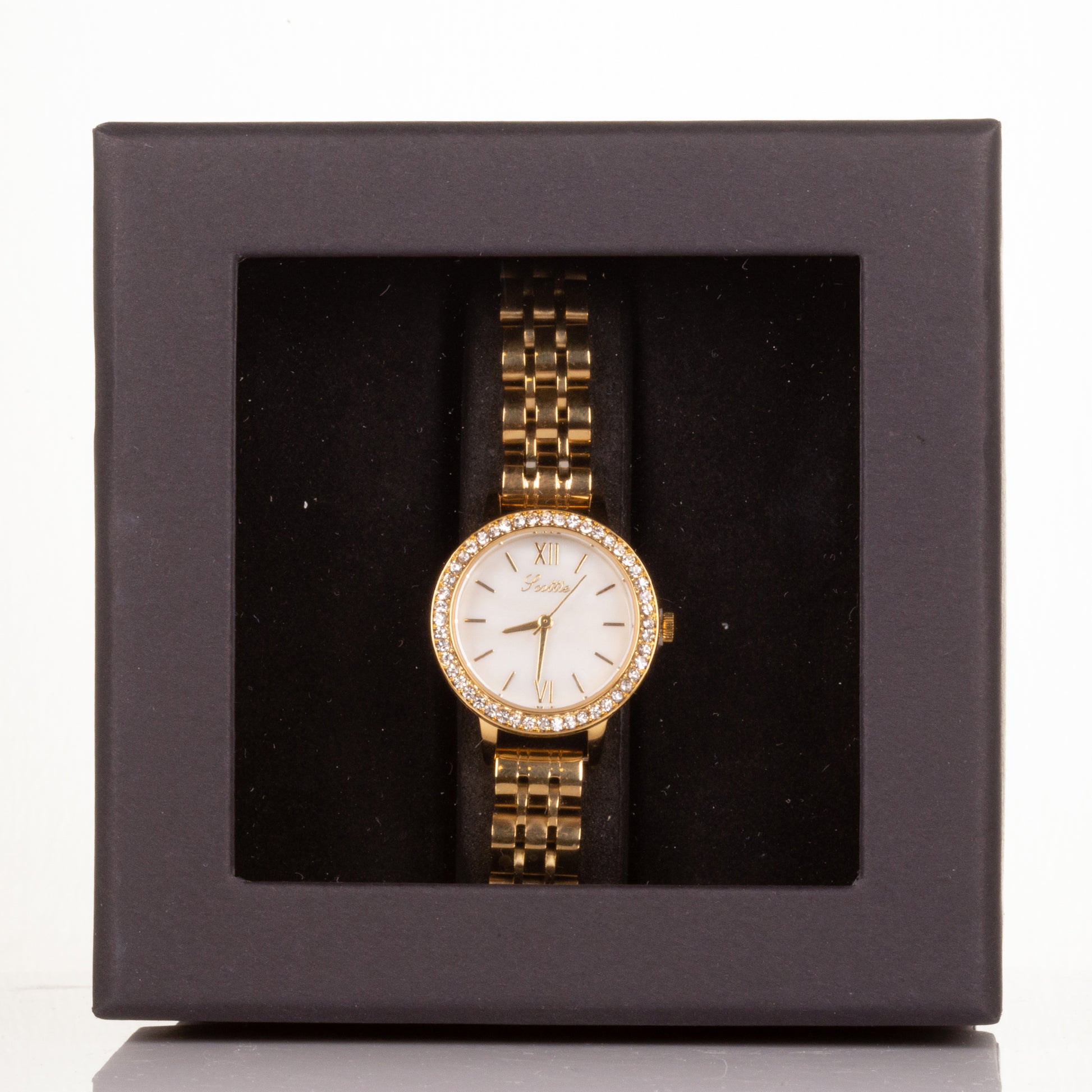 Luxury alloy watch with stones, japanese miyota movement, WHITE colour dial + GOLD PLATED, with gift box, 18 cm 3 