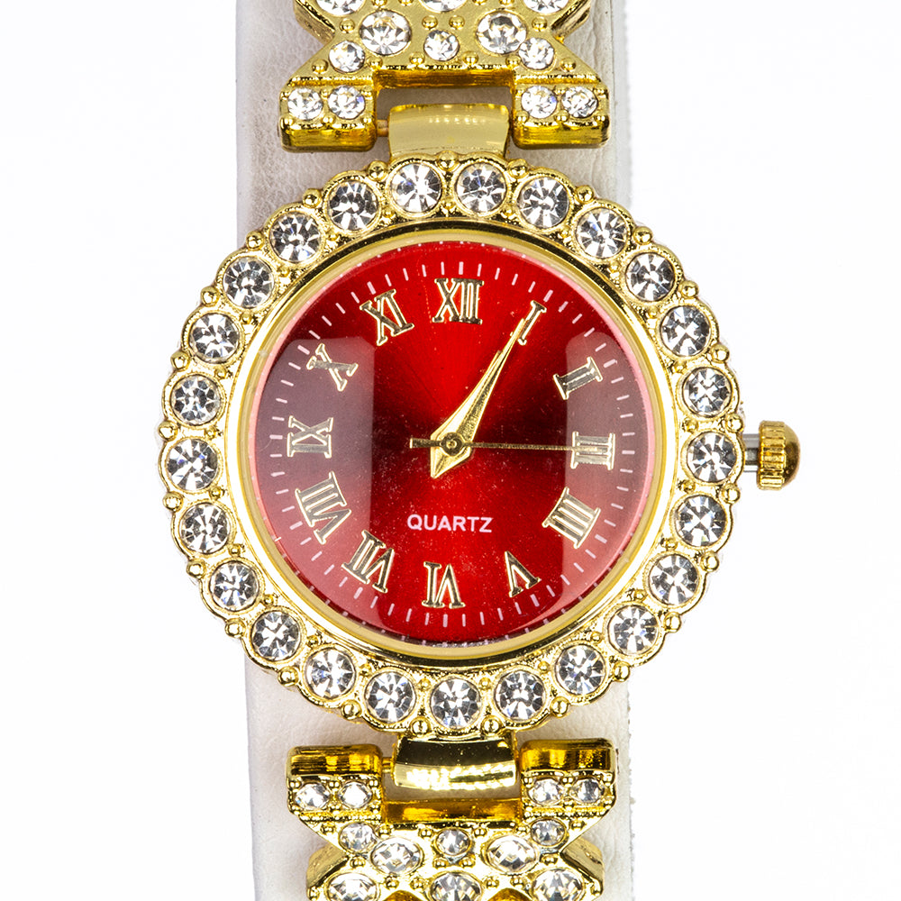 Uhr aus goldplattierter Legierung mit rotem Emporia®-Kristall und weißem Emporia® Kristall