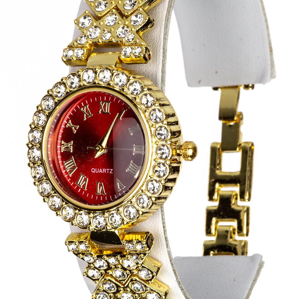 Uhr aus goldplattierter Legierung mit rotem Emporia®-Kristall und weißem Emporia® Kristall