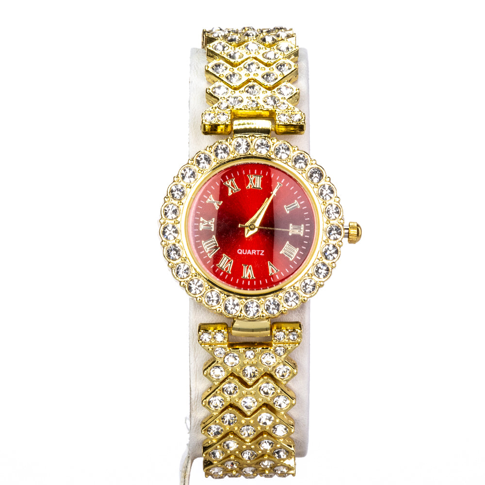 Uhr aus goldplattierter Legierung mit rotem Emporia®-Kristall und weißem Emporia® Kristall
