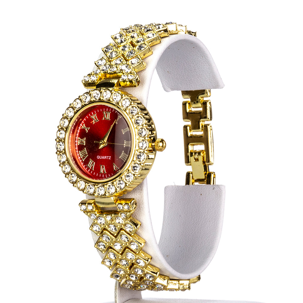 Uhr aus goldplattierter Legierung mit rotem Emporia®-Kristall und weißem Emporia® Kristall