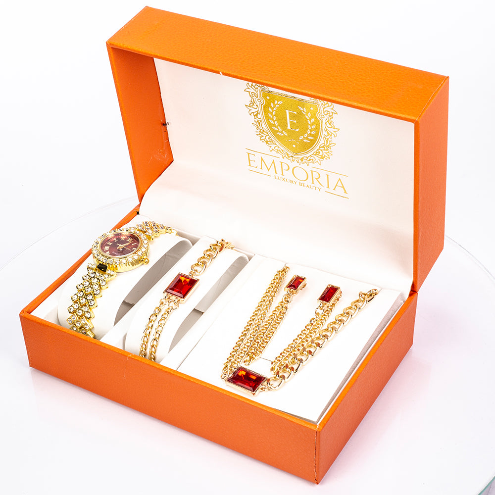 Uhr aus goldplattierter Legierung mit rotem Emporia®-Kristall und weißem Emporia® Kristall 1 