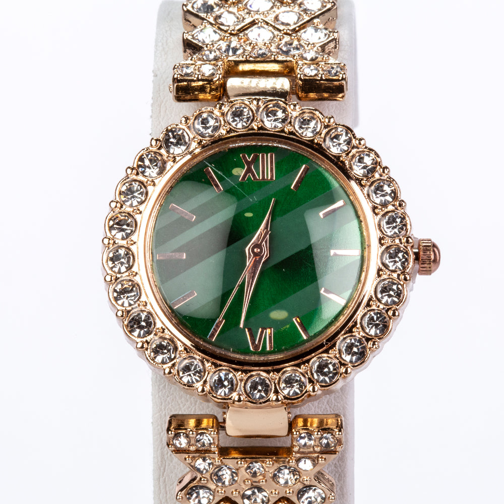 Uhr aus goldplattierter Legierung mit grünem Emporia® Kristall und weißem Emporia® Kristall 11 