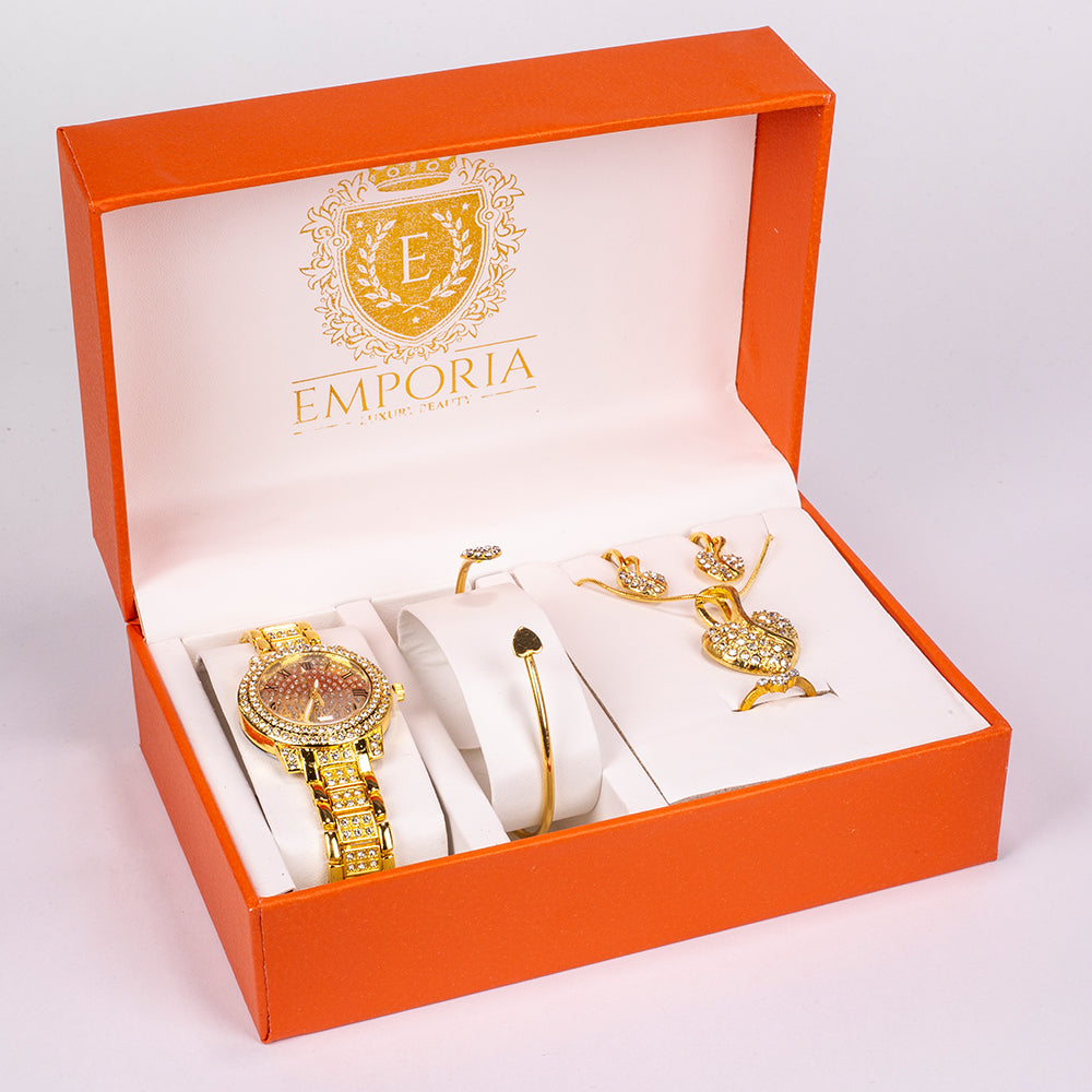 5-teiliges, goldfarbenes Emporia Schmuckset in Premium-Qualität, in einer exklusiven Geschenkbox in Lederoptik (mit Uhr, Armband, Halskette, Ohrringen und Ring, mit weißem Emporia-Kristall) 1 