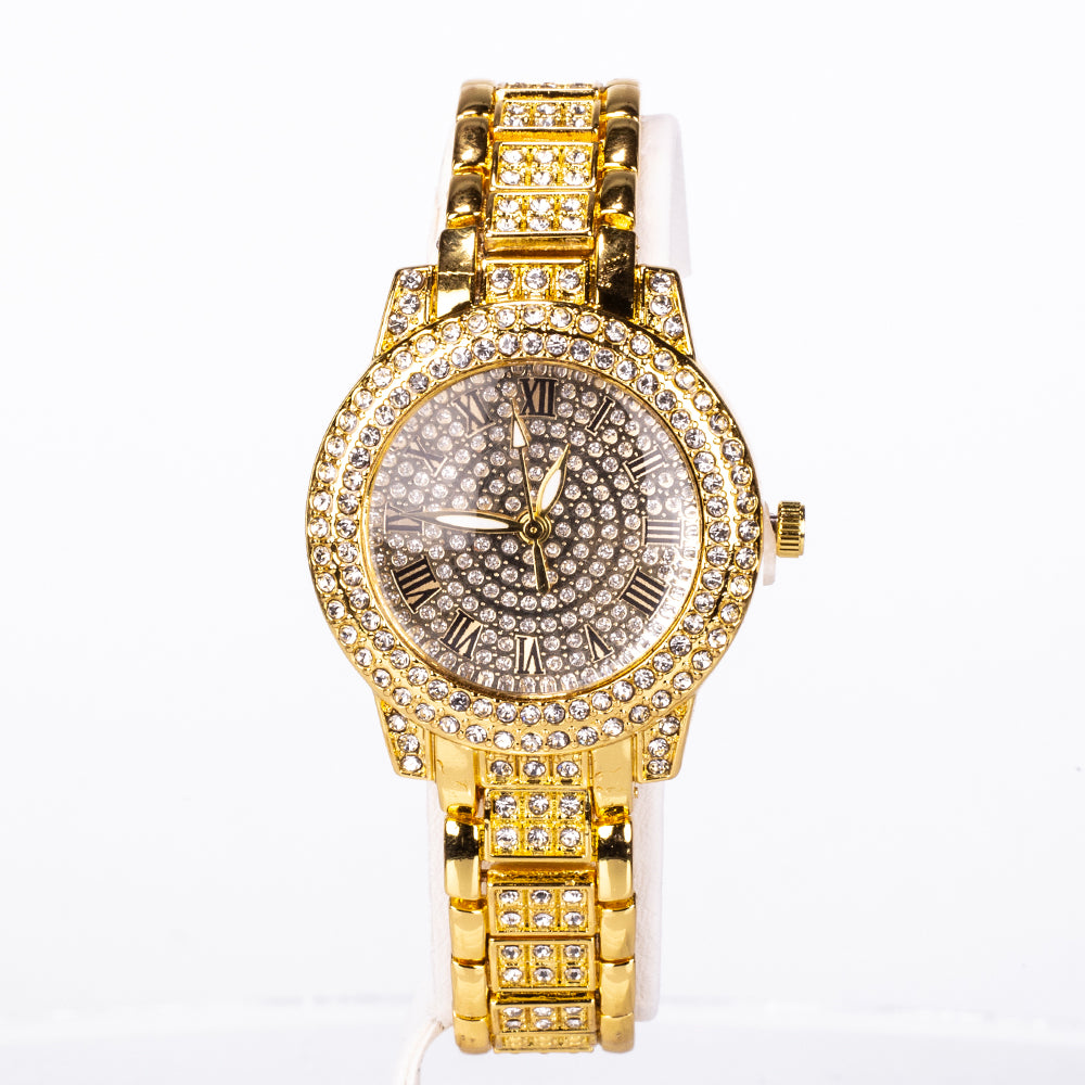 5-teiliges, goldfarbenes Emporia Schmuckset in Premium-Qualität, in einer exklusiven Geschenkbox in Lederoptik (mit Uhr, Armband, Halskette, Ohrringen und Ring, mit weißem Emporia-Kristall) 10 