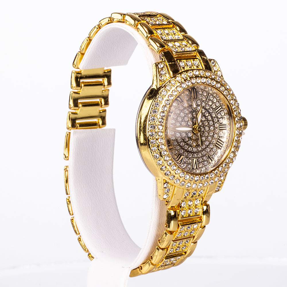5-teiliges, goldfarbenes Emporia Schmuckset in Premium-Qualität, in einer exklusiven Geschenkbox in Lederoptik (mit Uhr, Armband, Halskette, Ohrringen und Ring, mit weißem Emporia-Kristall)