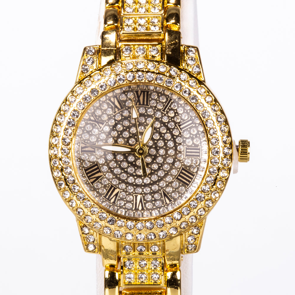 5-teiliges, goldfarbenes Emporia Schmuckset in Premium-Qualität, in einer exklusiven Geschenkbox in Lederoptik (mit Uhr, Armband, Halskette, Ohrringen und Ring, mit weißem Emporia-Kristall)