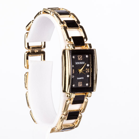 5-teiliges, goldfarbenes Emporia Schmuckset in Premium-Qualität, in einer exklusiven Geschenkbox in Lederoptik (mit Uhr, Armband, Halskette, Ohrringen und Ring, mit schwarzen und weißen Emporia-Kristallen)