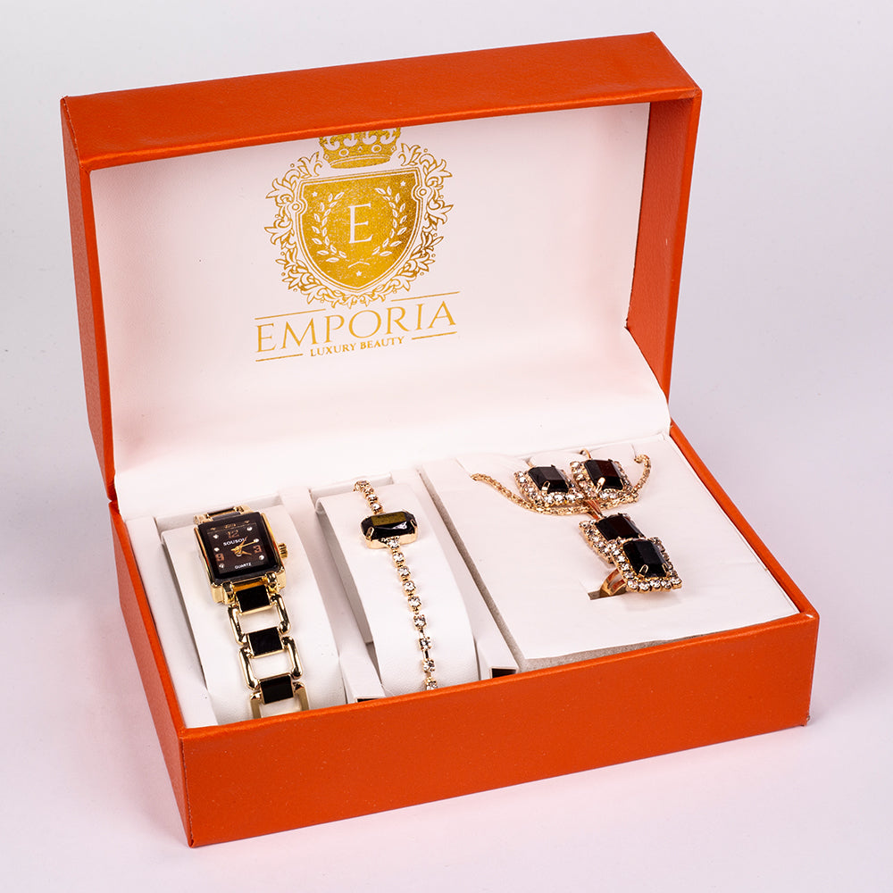 5-teiliges, goldfarbenes Emporia Schmuckset in Premium-Qualität, in einer exklusiven Geschenkbox in Lederoptik (mit Uhr, Armband, Halskette, Ohrringen und Ring, mit schwarzen und weißen Emporia-Kristallen) 1 