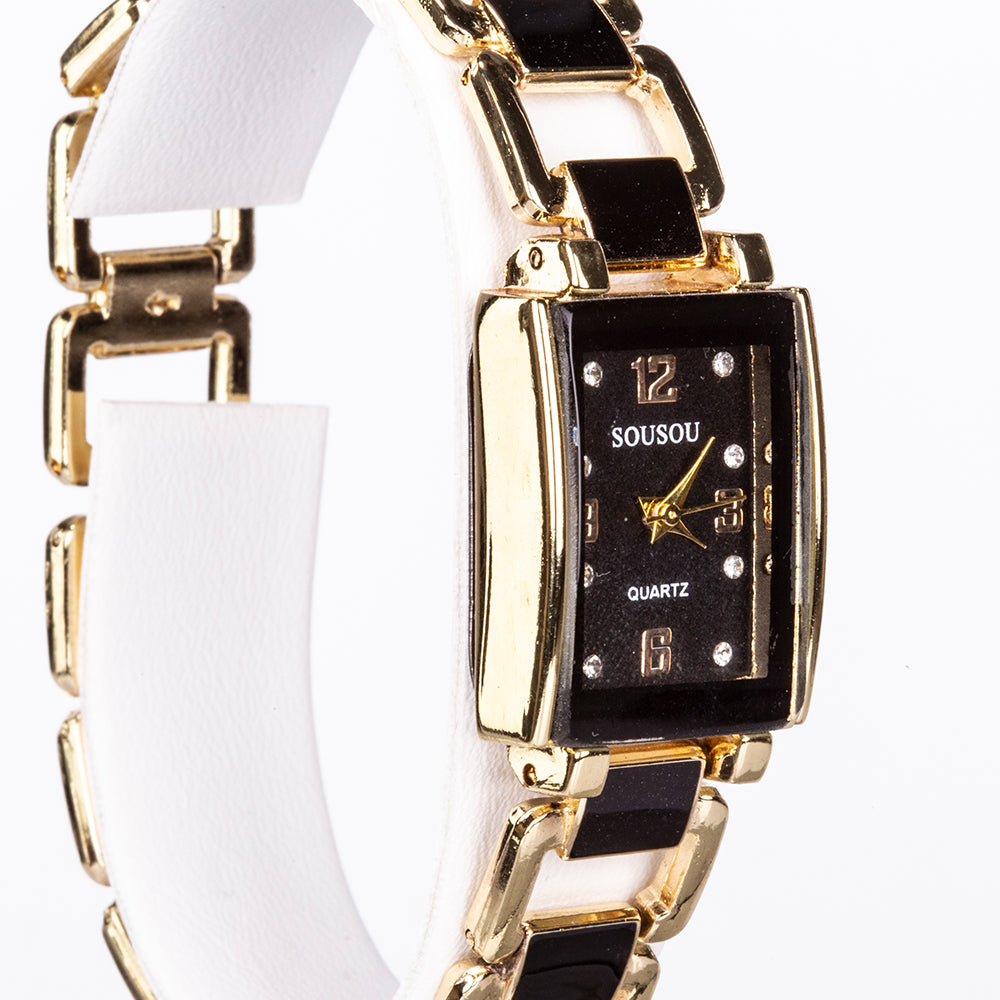 5-teiliges, goldfarbenes Emporia Schmuckset in Premium-Qualität, in einer exklusiven Geschenkbox in Lederoptik (mit Uhr, Armband, Halskette, Ohrringen und Ring, mit schwarzen und weißen Emporia-Kristallen)
