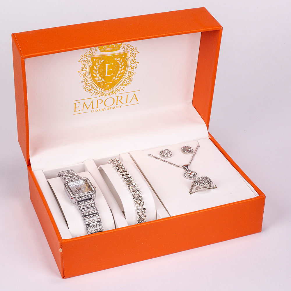 5-teiliges, silberfarbenes Emporia Schmuckset in Premium-Qualität, in einer exklusiven Geschenkbox in Lederoptik (mit Uhr, Armband, Halskette, Ohrringen und Ring, mit weißem Emporia-Kristall) 1 