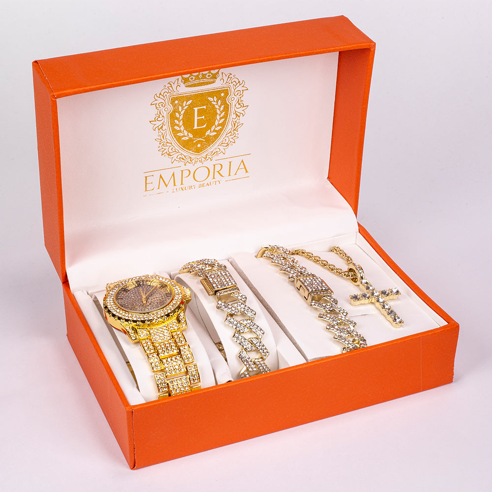 4-teiliges, goldfarbenes Emporia Schmuckset in Premium-Qualität, in einer exklusiven Geschenkbox in Lederoptik (mit Uhr, Armband, breiter Halskette und einer Halskette mit Kreuzanhänger und weißem Emporia-Kristall) 1 