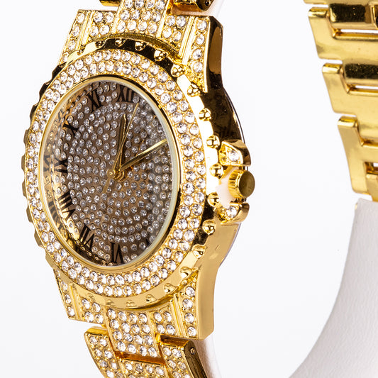 4-teiliges, goldfarbenes Emporia Schmuckset in Premium-Qualität, in einer exklusiven Geschenkbox in Lederoptik (mit Uhr, Armband, breiter Halskette und einer Halskette mit Kreuzanhänger und weißem Emporia-Kristall)