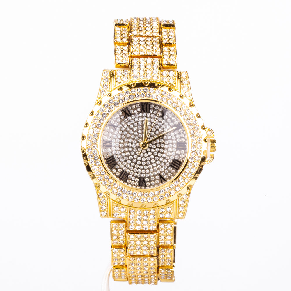 4-teiliges, goldfarbenes Emporia Schmuckset in Premium-Qualität, in einer exklusiven Geschenkbox in Lederoptik (mit Uhr, Armband, breiter Halskette und einer Halskette mit Kreuzanhänger und weißem Emporia-Kristall)