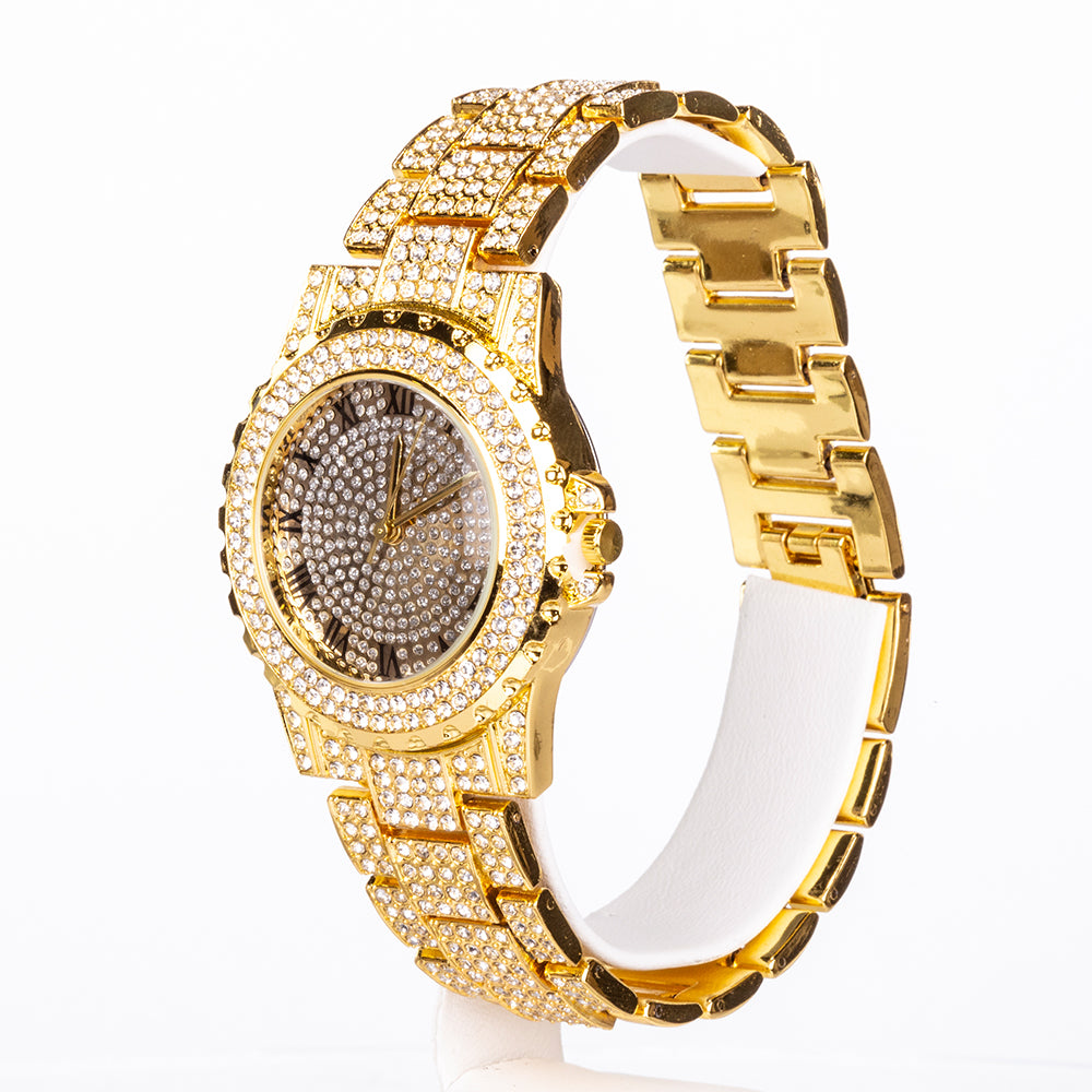 4-teiliges, goldfarbenes Emporia Schmuckset in Premium-Qualität, in einer exklusiven Geschenkbox in Lederoptik (mit Uhr, Armband, breiter Halskette und einer Halskette mit Kreuzanhänger und weißem Emporia-Kristall) 4 