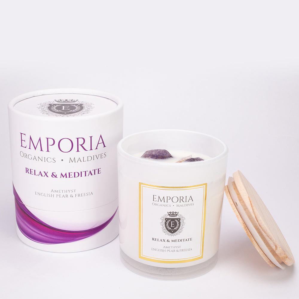 Emporia Organics Duftkerze im Glas: Malediven - RELAX & MEDITATE, mit Amethyst, Duft: englische Birne und Freesie, 100% Sojawachs, 230 g 2 