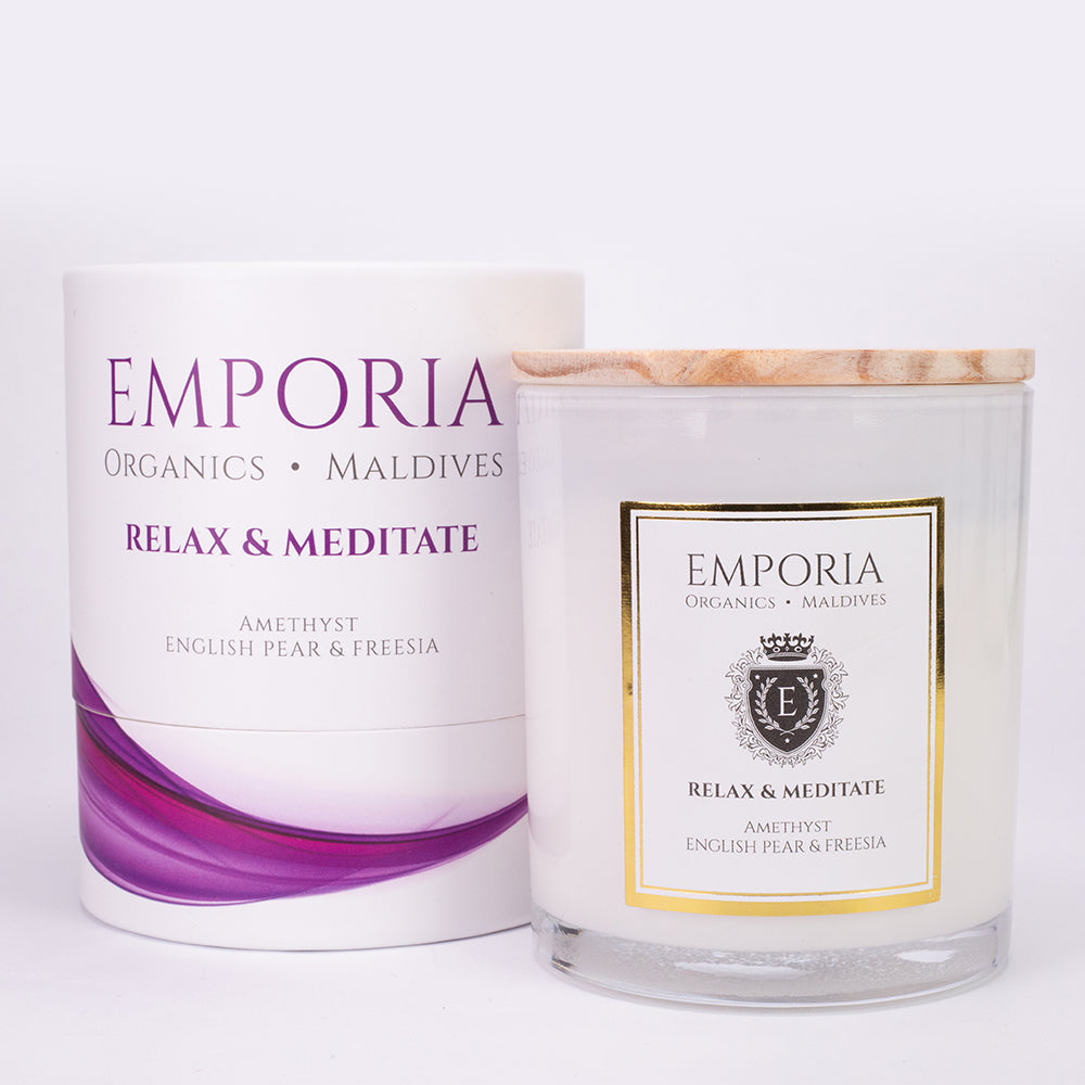 Emporia Organics Duftkerze im Glas: Malediven - RELAX & MEDITATE, mit Amethyst, Duft: englische Birne und Freesie, 100% Sojawachs, 230 g 3 