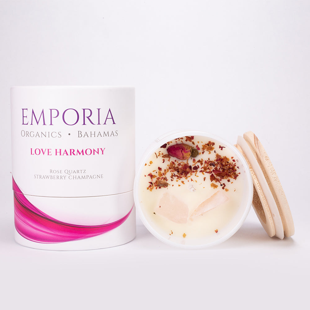Emporia Organics Duftkerze im Glas: Bahamas - LOVE HARMONY, mit Rosenquarz, Duft: Erdbeere und Champagner, 100% Sojawachs, 230 g 1 