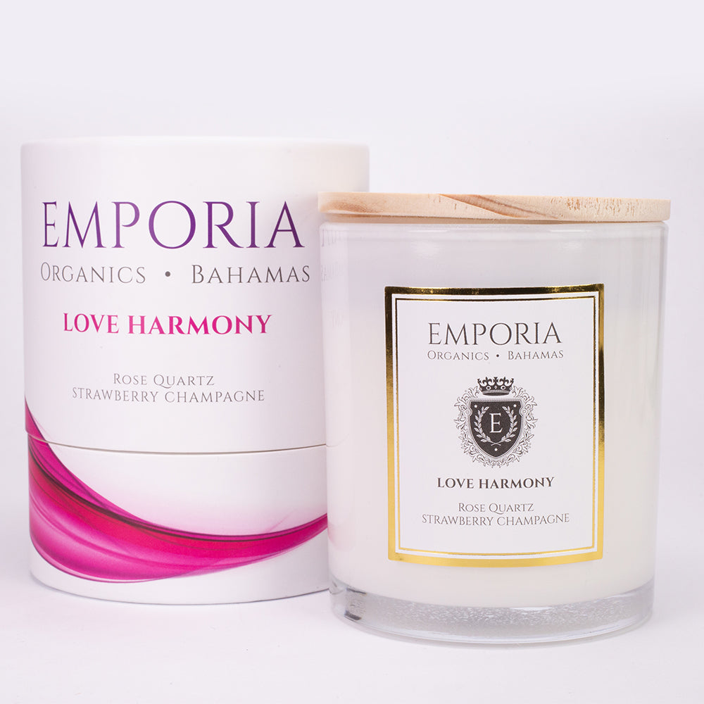 Emporia Organics Duftkerze im Glas: Bahamas - LOVE HARMONY, mit Rosenquarz, Duft: Erdbeere und Champagner, 100% Sojawachs, 230 g 3 