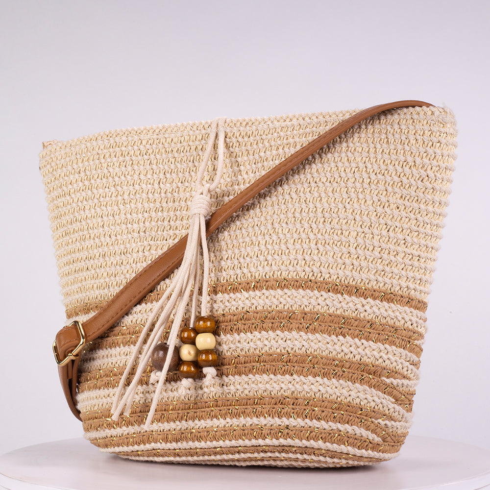 Small Straw Tote Bag with Decorative Wooden Bead Tassel, 25*18*10 cm 3 
