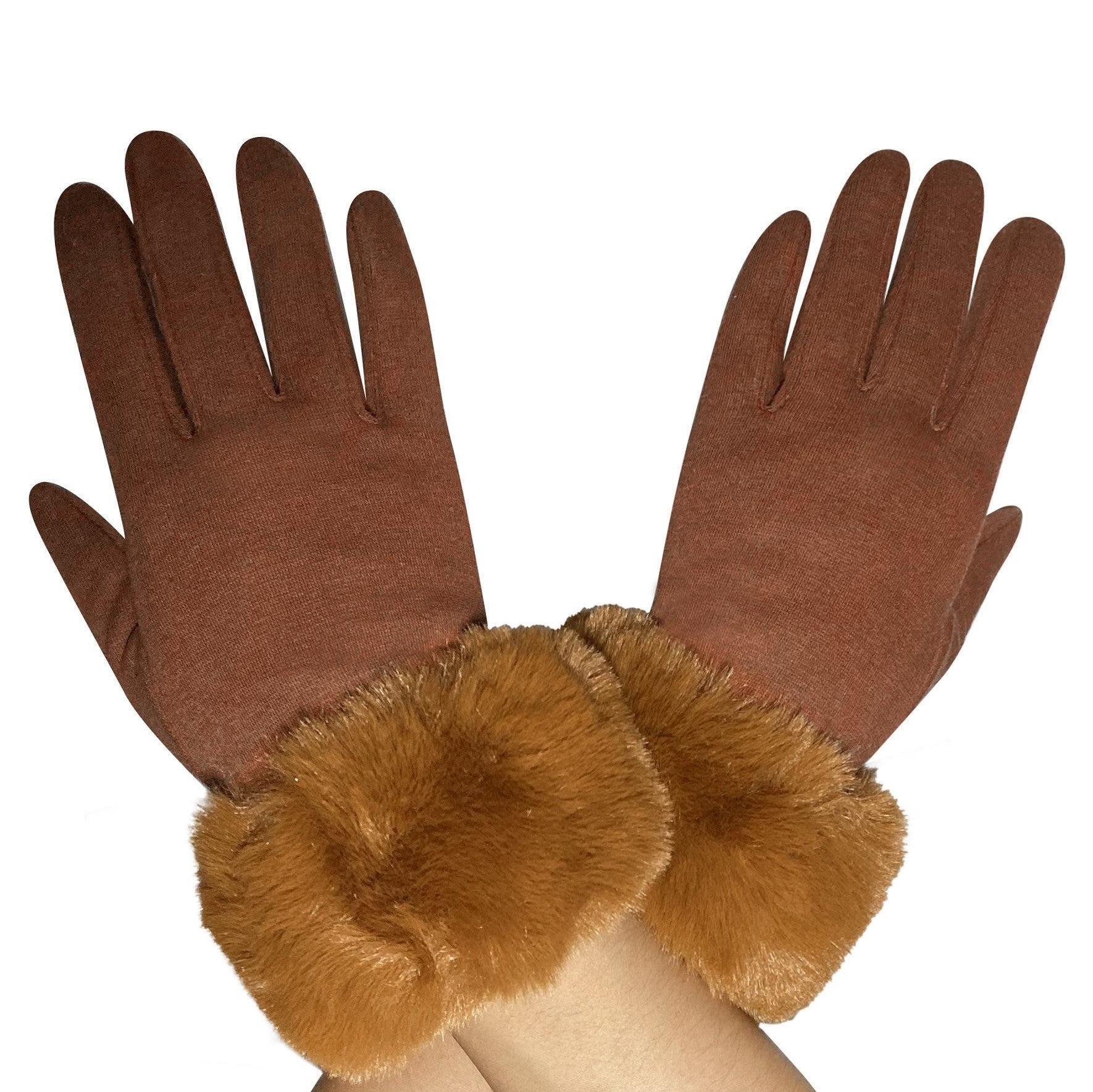 Brown 100% Polyester Faux Fur Trim Touchscreen Gloves 1 