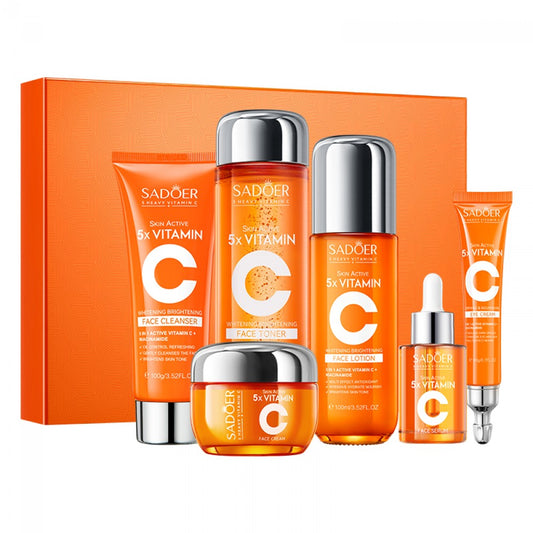 SADOER 5-fach Vitamin-C Hautbild ausgleichendes und feuchtigkeitsspendendes Gesichtspflege-Geschenkset – 6-teilig