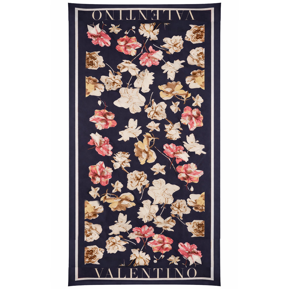 Schal mit Blumen und Schrift, blau, 85 cm x 180 cm, 100% vegane Seide