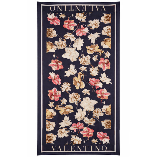 Schal mit Blumen und Schrift, blau, 85 cm x 180 cm, 100% vegane Seide